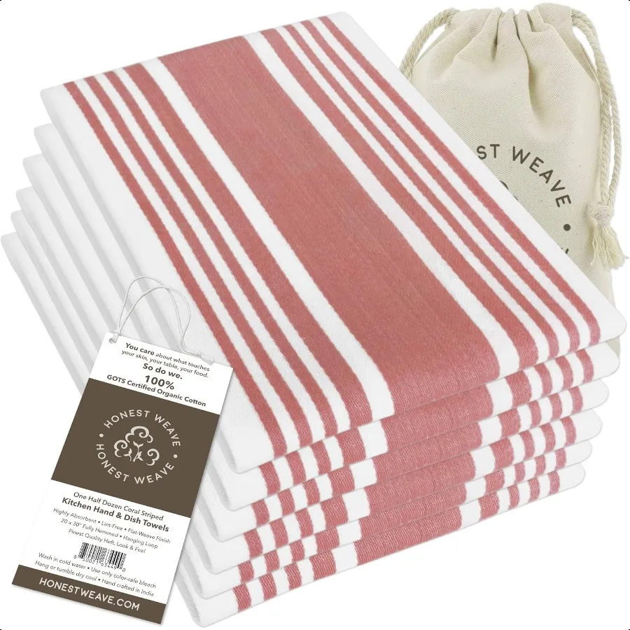

GOTS Certified Organic Cotton Kitchen Hand and Dish Towel Sets Oversized 20x30 inches Fully Hemmed in Designer Colors 6Pack Cor