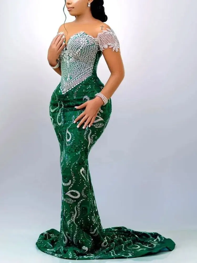 

Aso Ebi Green Mermaid Prom Dress Beaded Crystals Sequined Evening Formal Party Second Reception Birthday Engagement Gowns Dresse