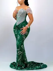 Aso Ebi Green Mermaid Prom Dress Beaded Crystals Sequined Evening Formal Party Second Reception Birthday Engagement Gowns Dresse