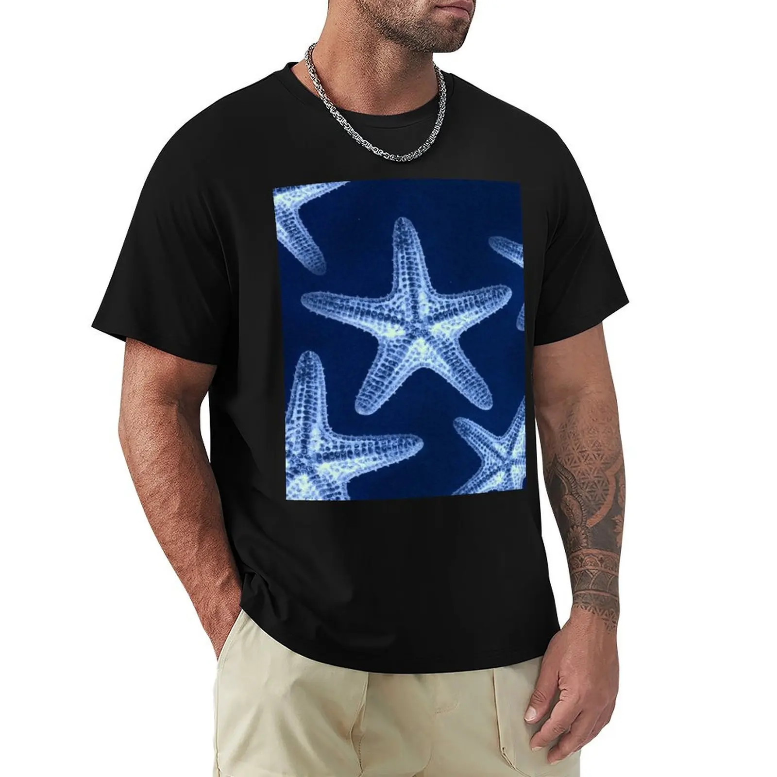 rustic coastal chic nautical navy blue beach starfish T-Shirt Classic Print Short Sleeve Shirt