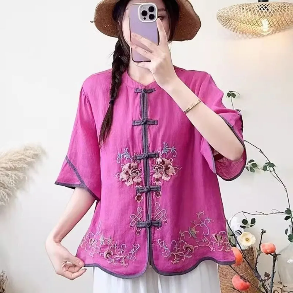 Women's Summer New Loose Cotton Linen Shirt, Chinese Style Embroidery Frog Button Vintage Three Quarter Sleeve Blouse