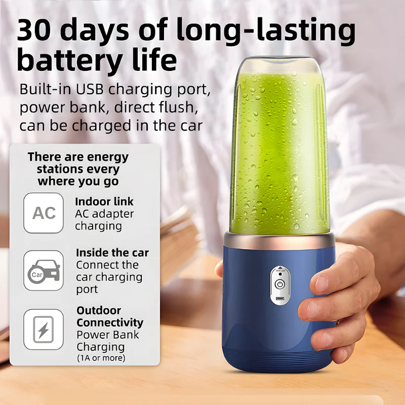 خلاط وعصارة قابلة لإعادة الشحن عبر USB 2 في 1، 6 شفرات، أكواب مزدوجة 500 مل، بطارية 3000 مللي أمبير في الساعة، محمولة للعصائر والمخفوقات والمشروبات المثلجة