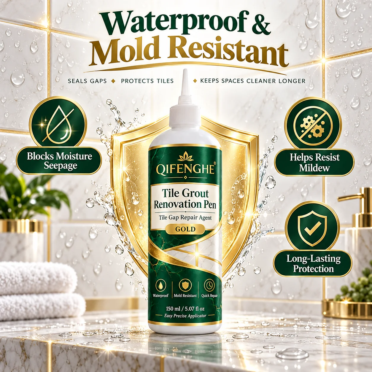 Waterproof Tile Grout Repair Pen Gold Mold Resistant Quick Dry Seal Gaps Restore Brightness Easy Apply Kitchen Bathroom