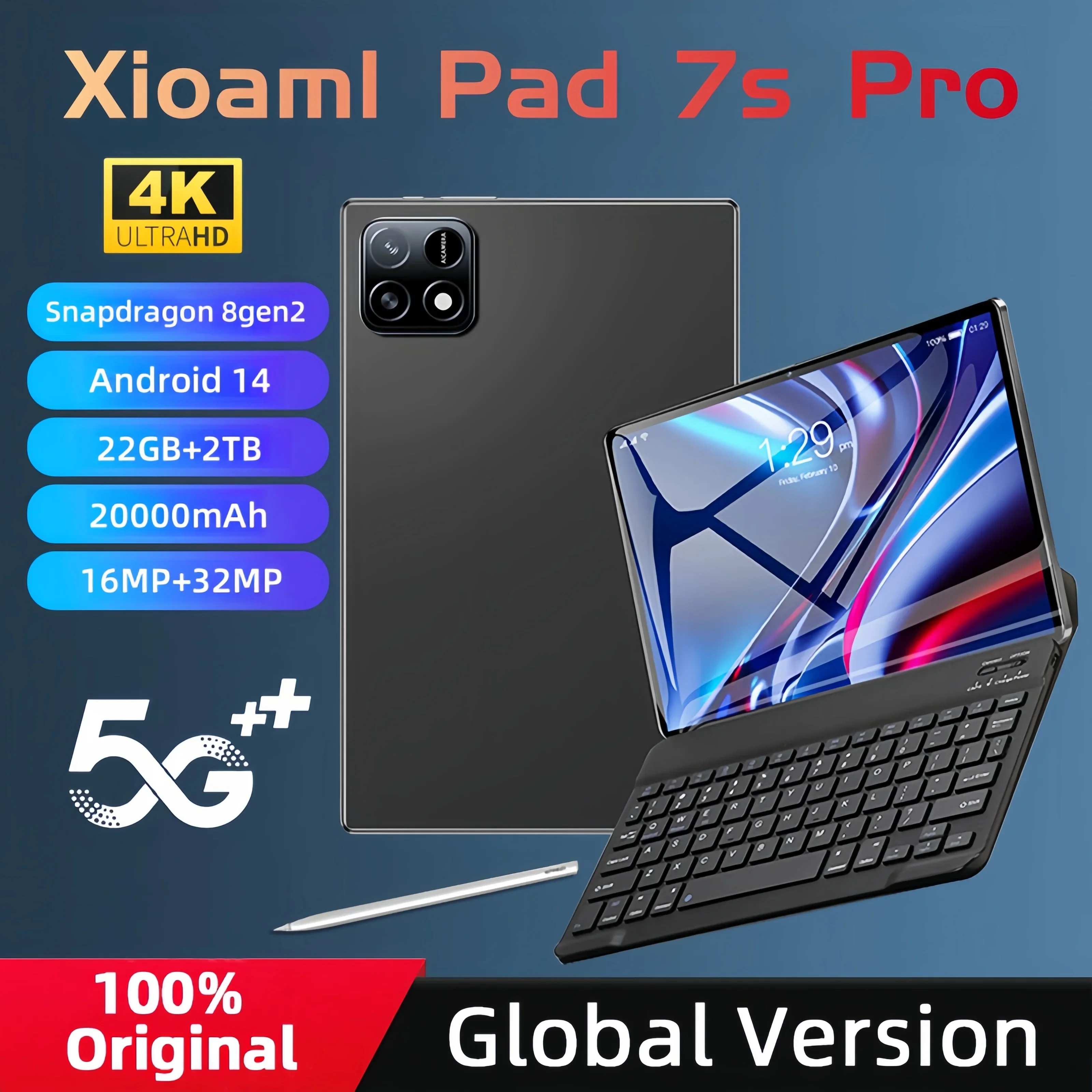 2025 New Original Global Edition Tablet PC Pad 7S Pro, with Snapdragon 8gen2, Android 14 HD 4K, 22GB + 2TB, Dual SIM 5G and WIFI