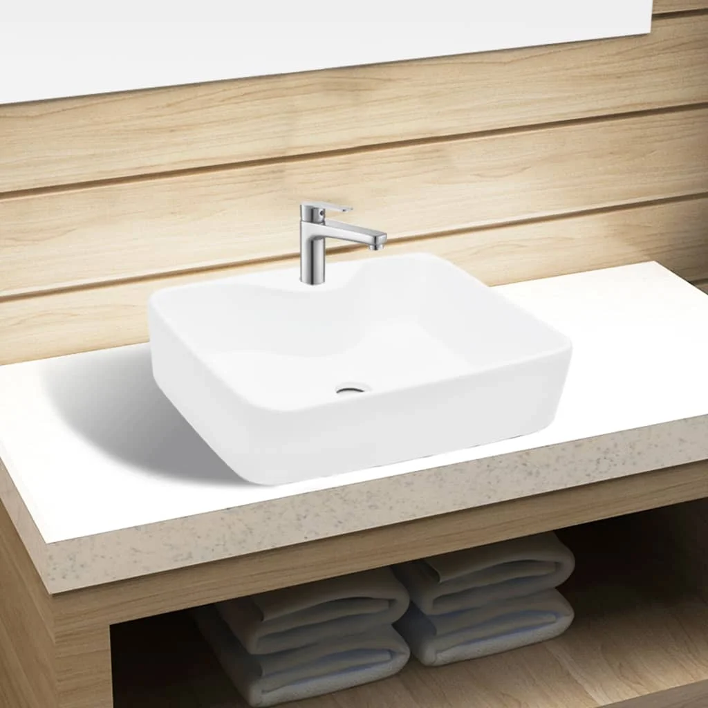 Lavabo cuadrado con orificio para grifo, cerámica blanca, 41x41x15 cm, lavabo de sobreponer para encimera o mueble.