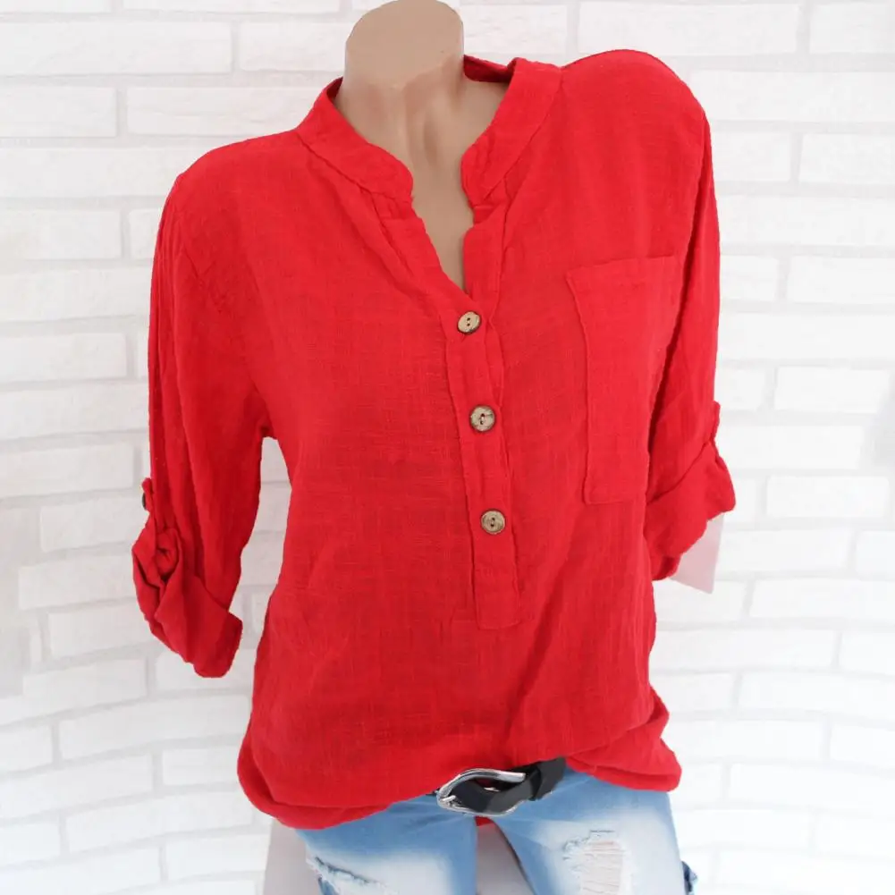 Patch Pocket Shirt Tops Stylish Women's Pullover Tops Stand Collar Button Half Placket Long Sleeve Shirt Loose Fit for Women