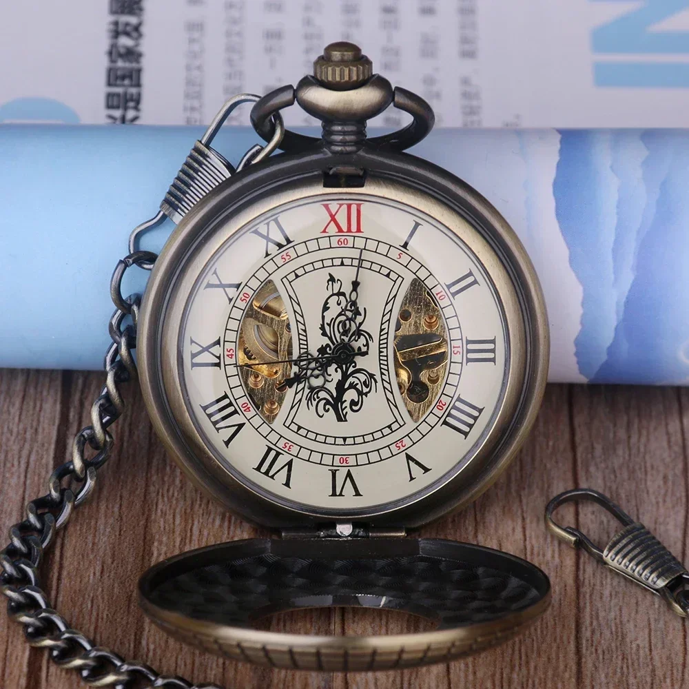 Vintage Hand Winding Mechanical Pocket Watch Luxury Wooden Design Half Hunter Retro Pocket Clock Gifts for Men Women with Box