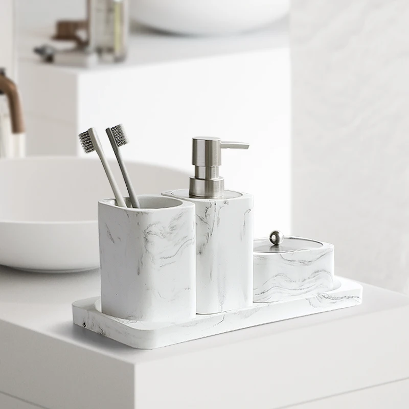 Bathroom Accessory Marble Look Includes Lotion Dispenser Soap Pump Tumbler Saop dish Cotton swab box and Tray