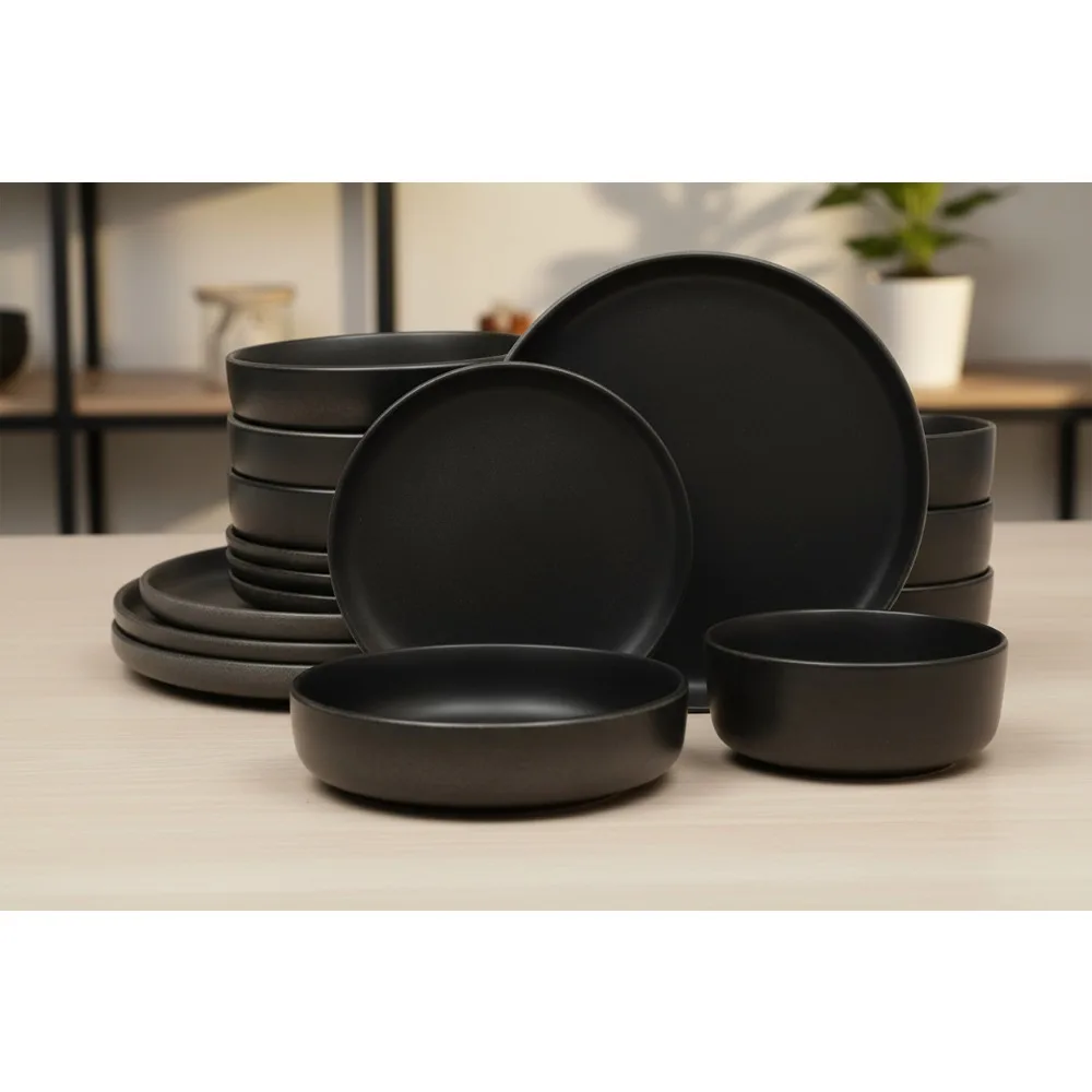

Набор столовой посуды из керамики из 16 предметов для 4 тарелок и мисок с реактивной глазурью, прочная керамическая посуда для ежедневной столовой