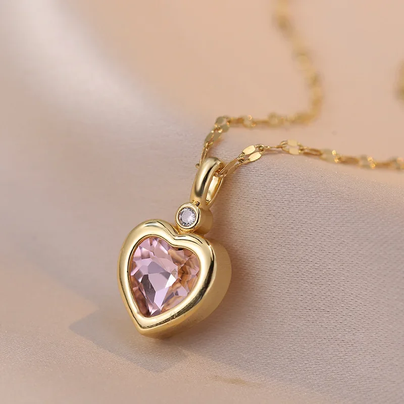 Colorful Zircon Love Heart Pendant Necklaces for Women Girls Stainless Steel Chain Trendy Romantic Jewelry Accessories Gifts