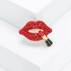 Fashion Sexy Lady Red Lips Rhinestone Brooches For Women Charm Alloy Lipstick Brooch Party Luxury Jewelry Pins Accessories Gifts