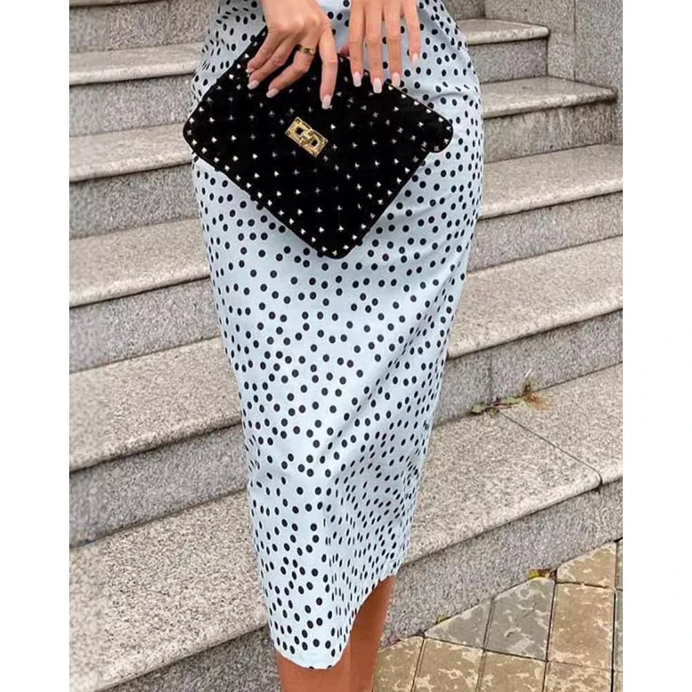Elegant Women Fashion Polka Dot Print Puff  Sleeve Off Shoulder Bodycon Midi Formal Dress Summer Sexy Party Evening Long Dress
