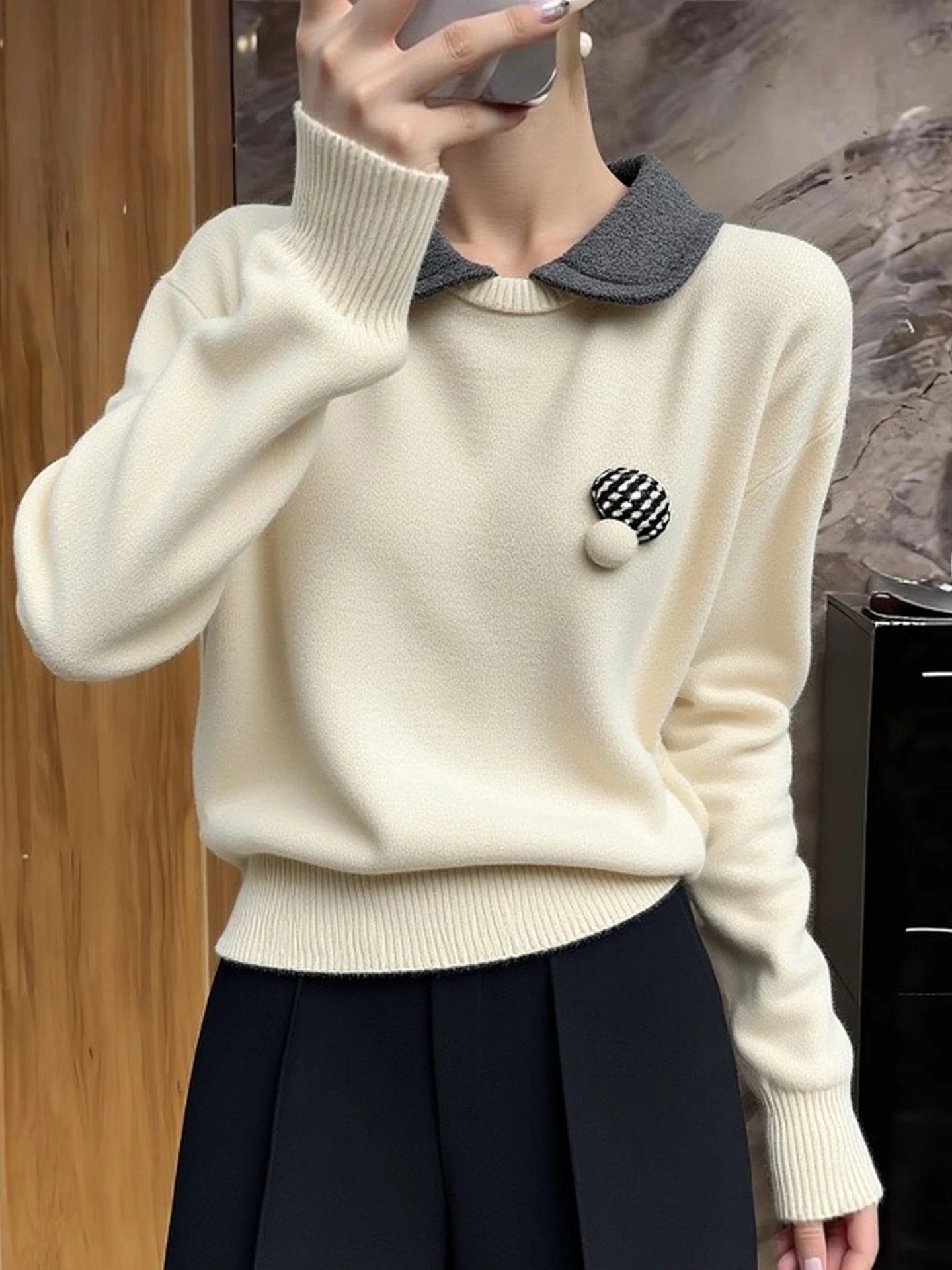 

Ele Gentle Sle Long Sve Base irt Spring 2026 Faion Knitted Top Versatile Comfortable Korean Loose Fit Camere S...