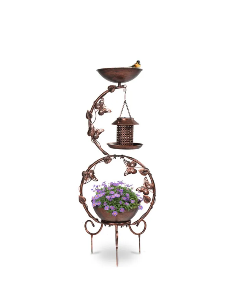 Bird bath and solar bird feeder combo, outdoor weather-resistant metal bird bath