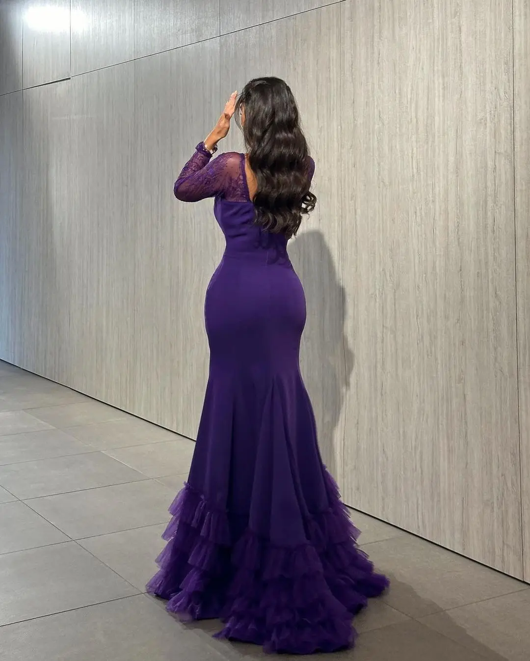 Eightale 2025 Long Sleeve Purple Evening Dress Wedding Party Ruffles Tail Mermaid Formal Prom Dress Party Gown