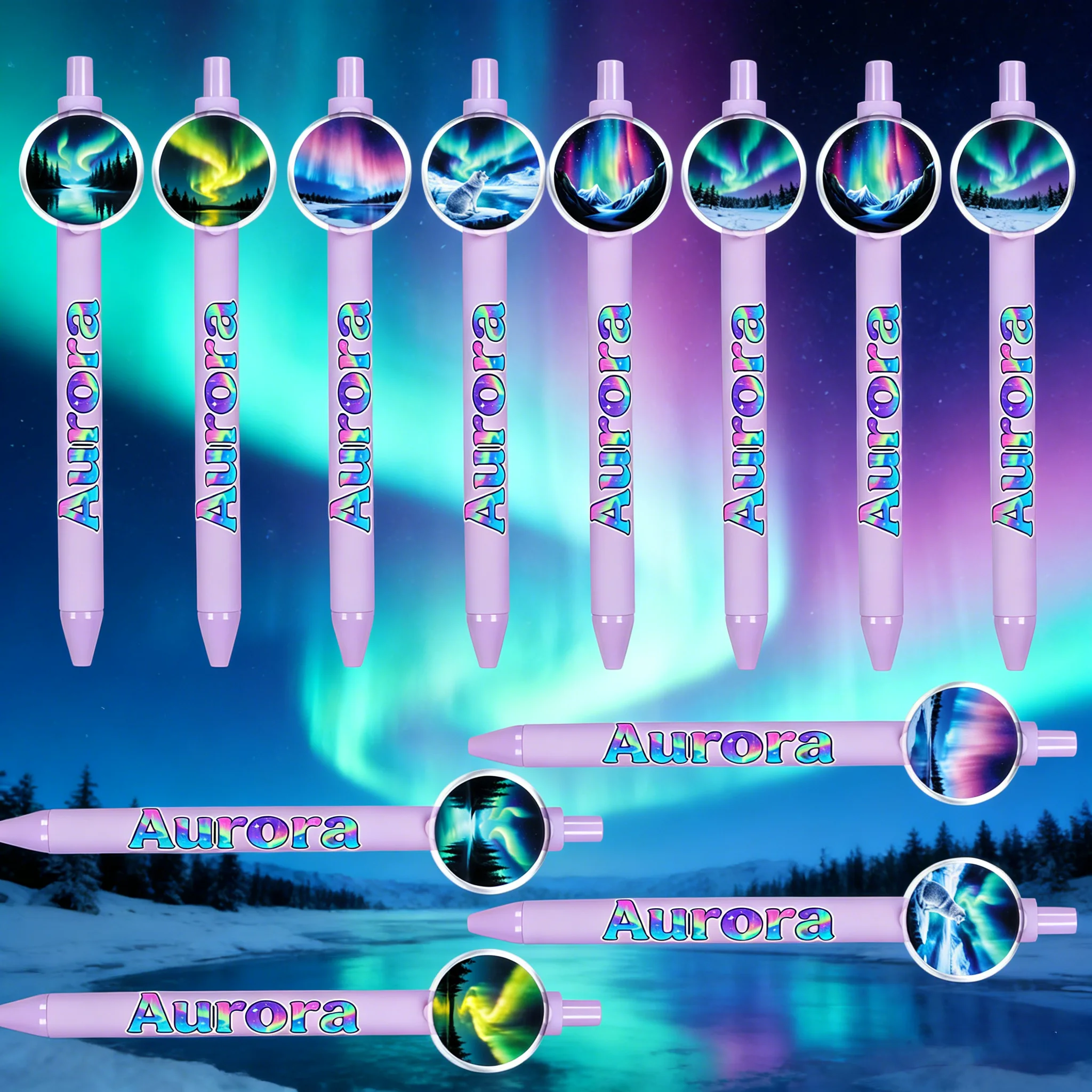 

6pcs/12pcs Northern Lights Pattern Ballpoint Pen Light Purple Fantasy Student Creative Stationery Pen