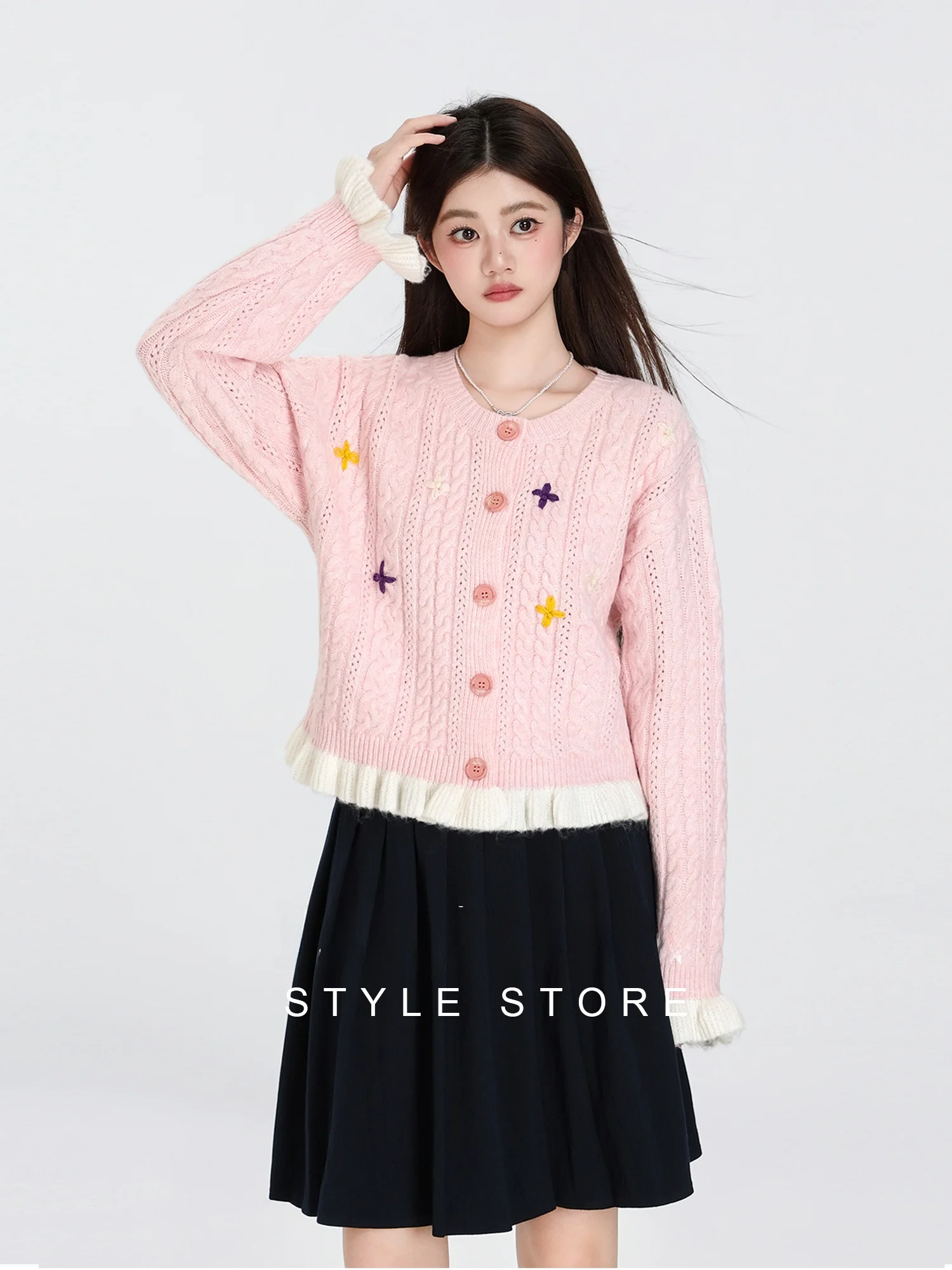 

Корейский вязаный кардиган с 3D цветочной вышивкой и кружевной отделкой, женский осенне-зимний новый милый свитер-жакет в стиле пэчворк