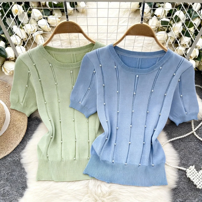 

Faux Pearl Beaded Knit Pullover Women's Crew Neck Short Sleeve Puff Sleeve Stretchy Ribbed Casual Elegant Summer Sweater Top