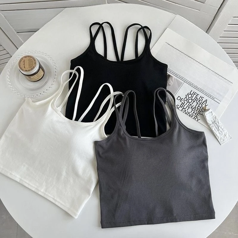 Ribbed Crisscross Back Cami Tank Top with Built-in Bra, Cropped Top for Daily Casual Yoga