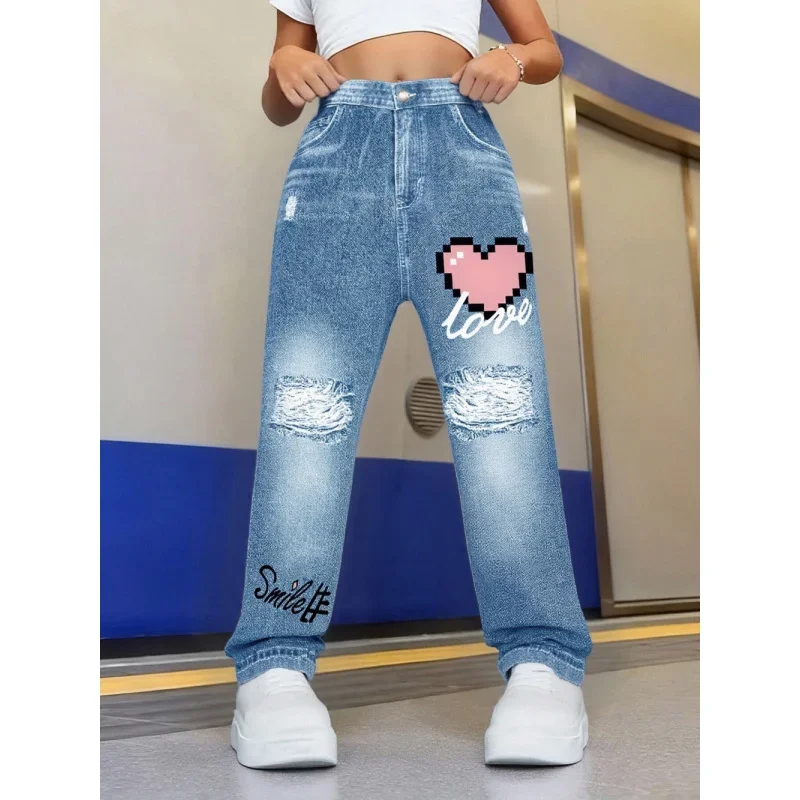 

2025 Trendy Casual Street Style, Love Element Printing, Girls Wide Legs Elastic Waist Imitation Denim Trousers