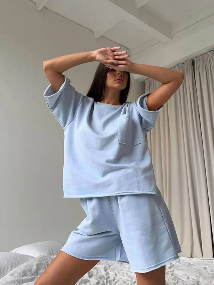 

Casual Sportswear Set for Women round Ne ort Sve Elastic Waist ort Pants Two Piece Suit Pure Color Spring Summer 2025