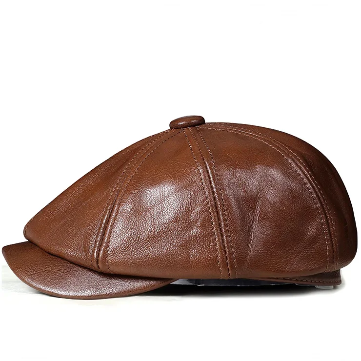 Retro Octagonal Genuine Hat Autumn Men's Cowhide Leather Beret Elegant Fashion Student Tongue Cap Snapback Caps For Men