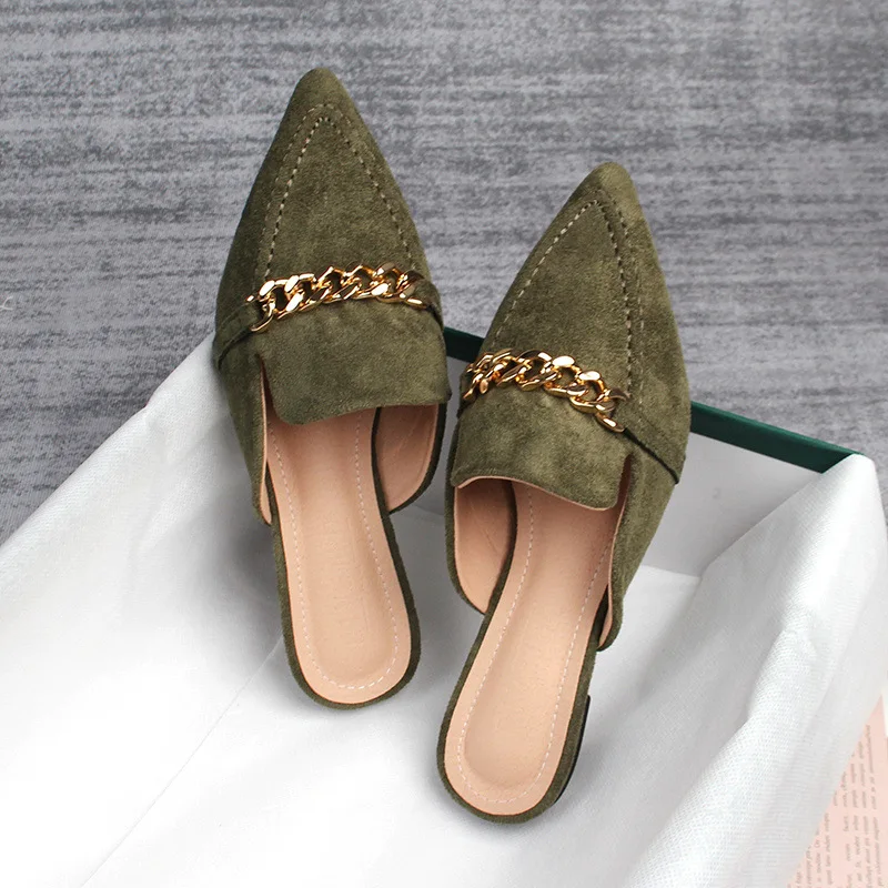 Mules à bout pointu pour femmes, chaussures d'extérieur décontractées avec chaîne en métal, grande taille 41 à 43, printemps 2023