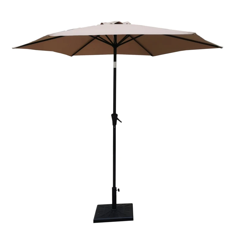 Outdoor Aluminum Patio Market Umbrella With 42 Pound Square Resin Base Push Button Tilt And Crank Lift For Beach Use