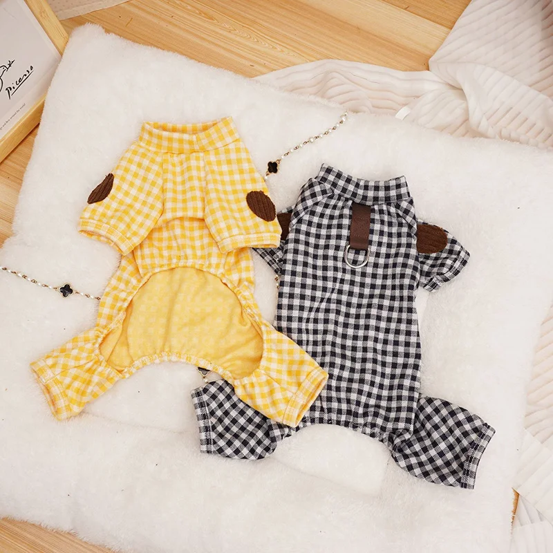 Plaid Pet Four Legs Clothing Korean Dog Clothes Spring and Summer Puppy Bodysuit Leashable Teddy Clothing Pet Supplies