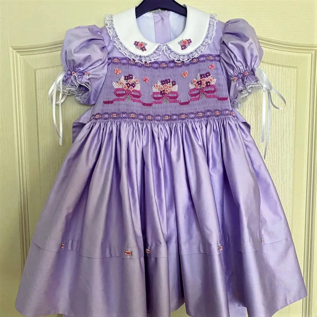 Summer Baby Girl Handmade Embroidery Flower Purple Smocked Dress For Casual Party Birthday Wedding Photography