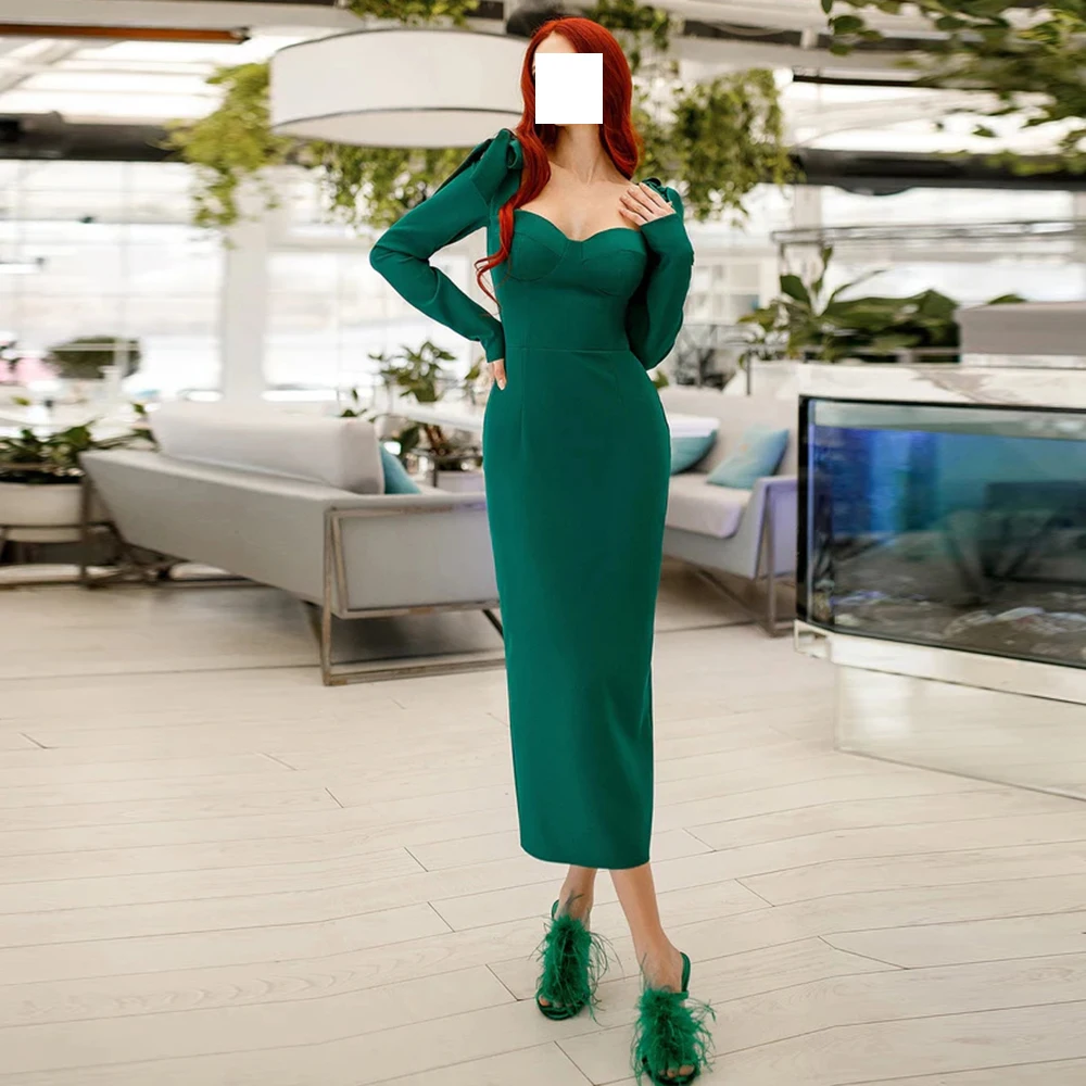 

Modern Straight Green Tea Length Square Neck Jersey Long Sleeves Evening Dress Exquisite Bow Pleats Saudi Arabia Party Grows
