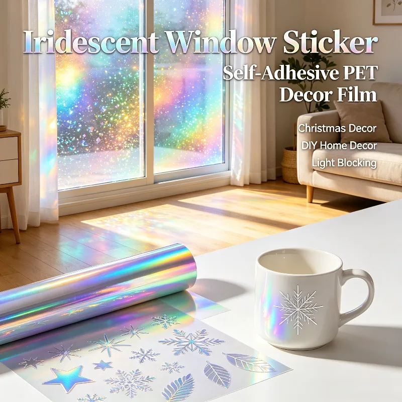 Rainbow Holographic Privacy Window Film Self Adhesive Decorative Removable UV Protection for Home Office Glass
