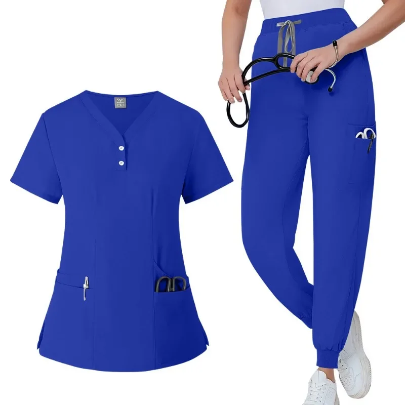 Pharmacy Medical Uniforms Hospital Doctor Nursing Set Unisex Wholesale Casual Jogger Suits Short Sleeved V-neck Tops Nurse Pants