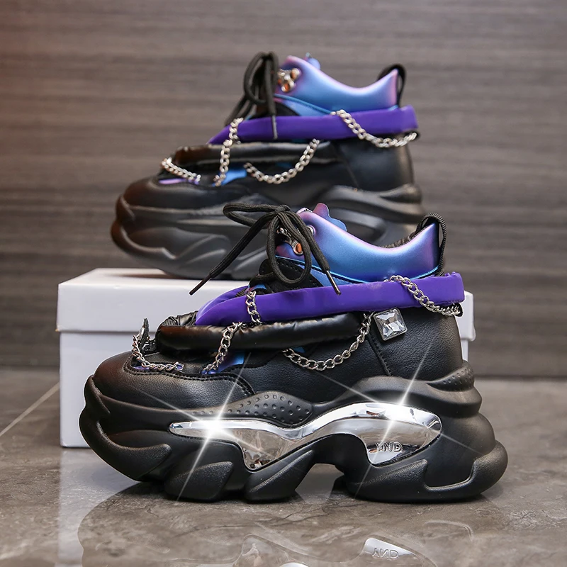 Winter Chain Leather Sneakers 7.5CM Heels Platform Ankle Shoes Autumn Thick Bottom Chunky Sneakers Punk Style Sports Dad Shoes