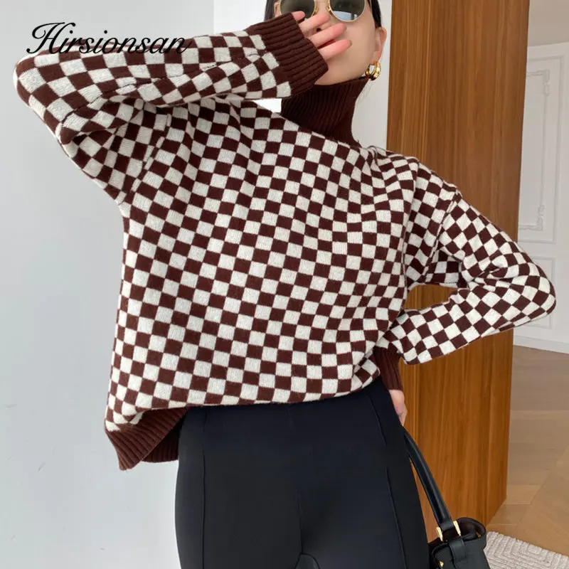 Hirsionsan Winter Vintage Turtle Neck Plaid Sweater Women Basic Loose Knitted Pullover Ladies Thick Warm Knitwear Female Clothes