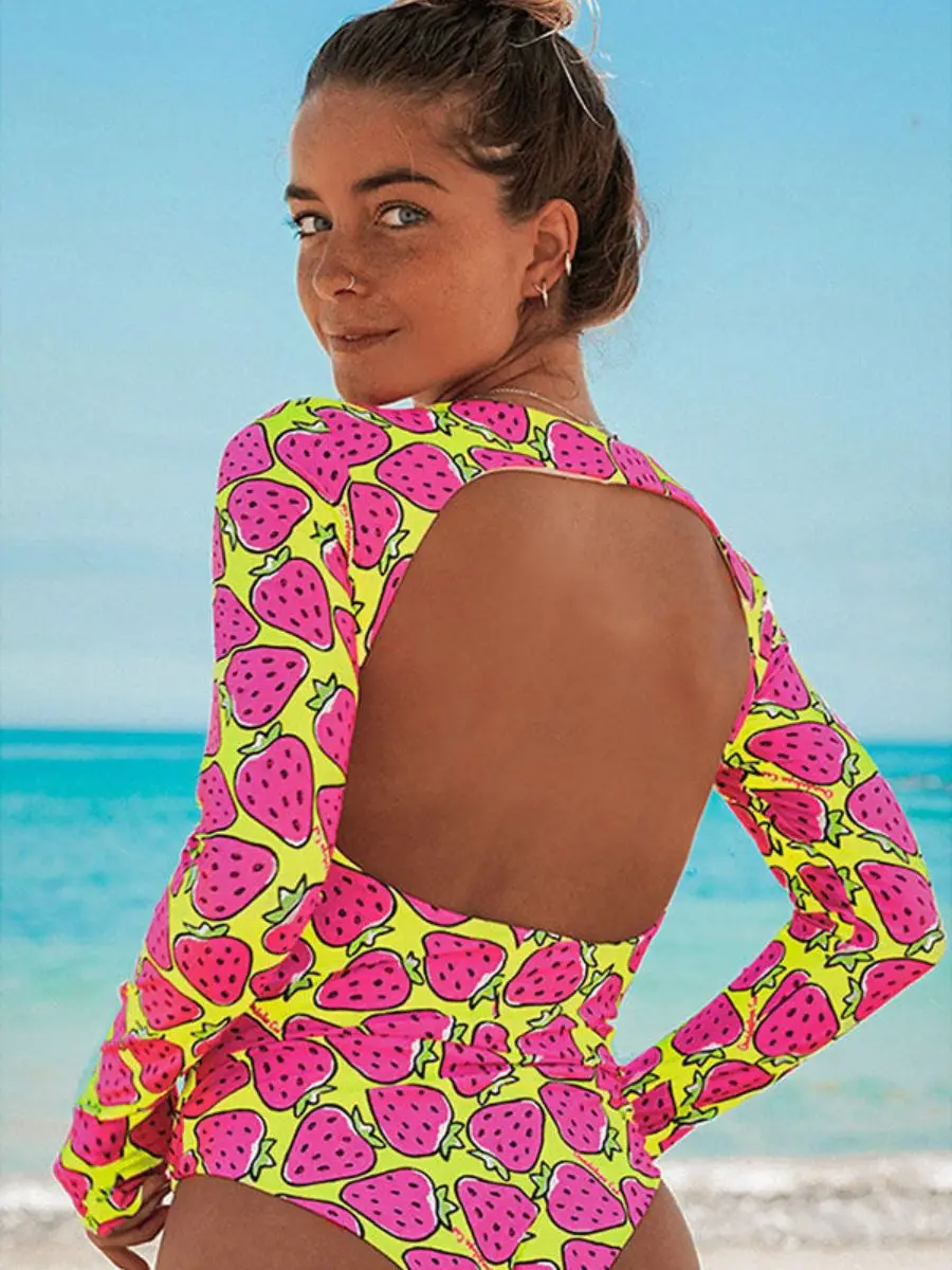 

Купальный костюм с открытой спиной и клубничным принтом UPF50+ Рашгард Спорт Серфинг Цельный купальный костюм