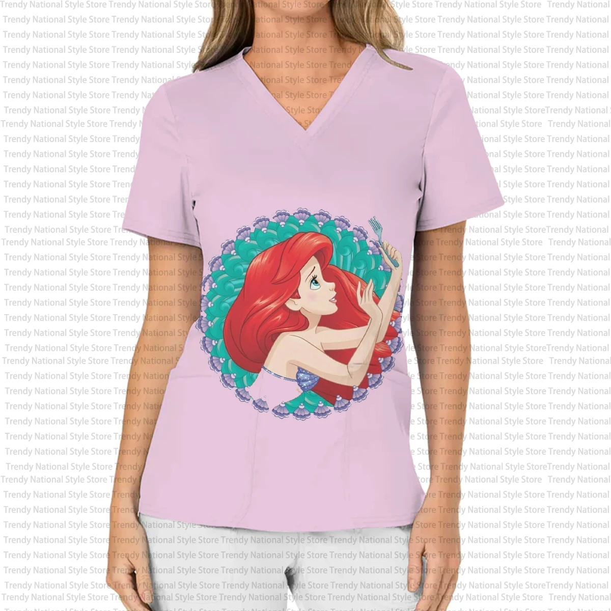 2026 Top smerigliato con scollo a V stampato uniforme da infermiera delle nuove donne, maglietta Disney Princess Sirena Alice per ospedali e negozi di animali domestici