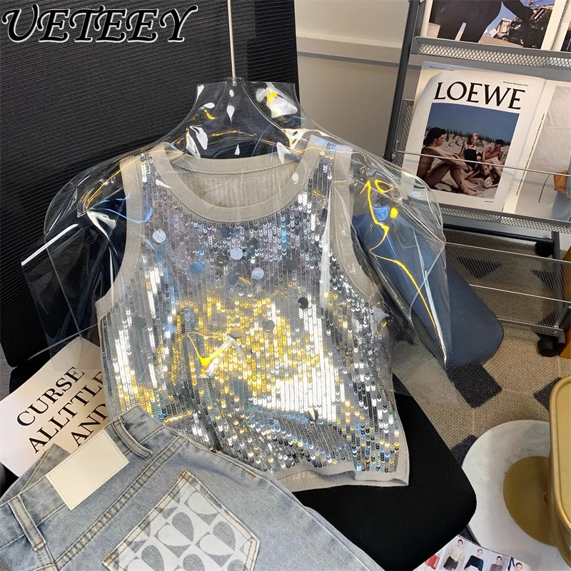 

Sweet and Cool Girls Versatile Outerwear Heavy Industry Sparkling Sequined Knitted Vest Women's Summer Babes Sleeveless Tank Top