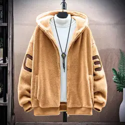 Faux Sherpa Thickened Men Jacket Zipper Closure Pockets Hooded Jackets Casual Thickened Sherpa Lining Winter Warm Men's Jackets