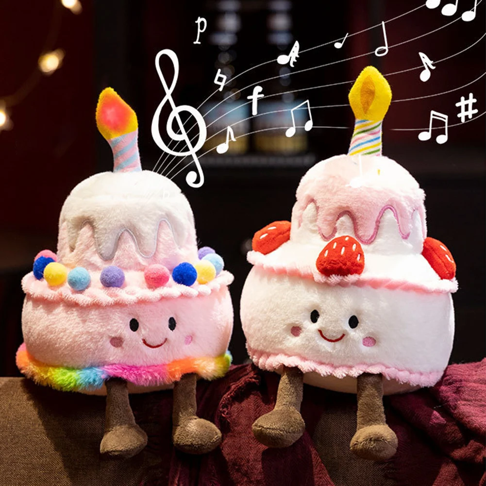 Divertido juguete de pastel de cumpleaños que canta, sensación de piel, llamativo juguete de peluche, juguete para abrazar para niños