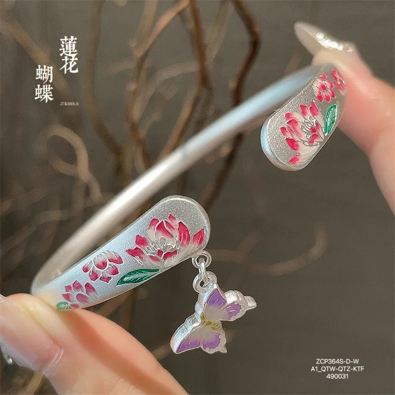 

999.9 Ancient Enamel Hanging Spoon Open Solid Sterling Silver Bracelet