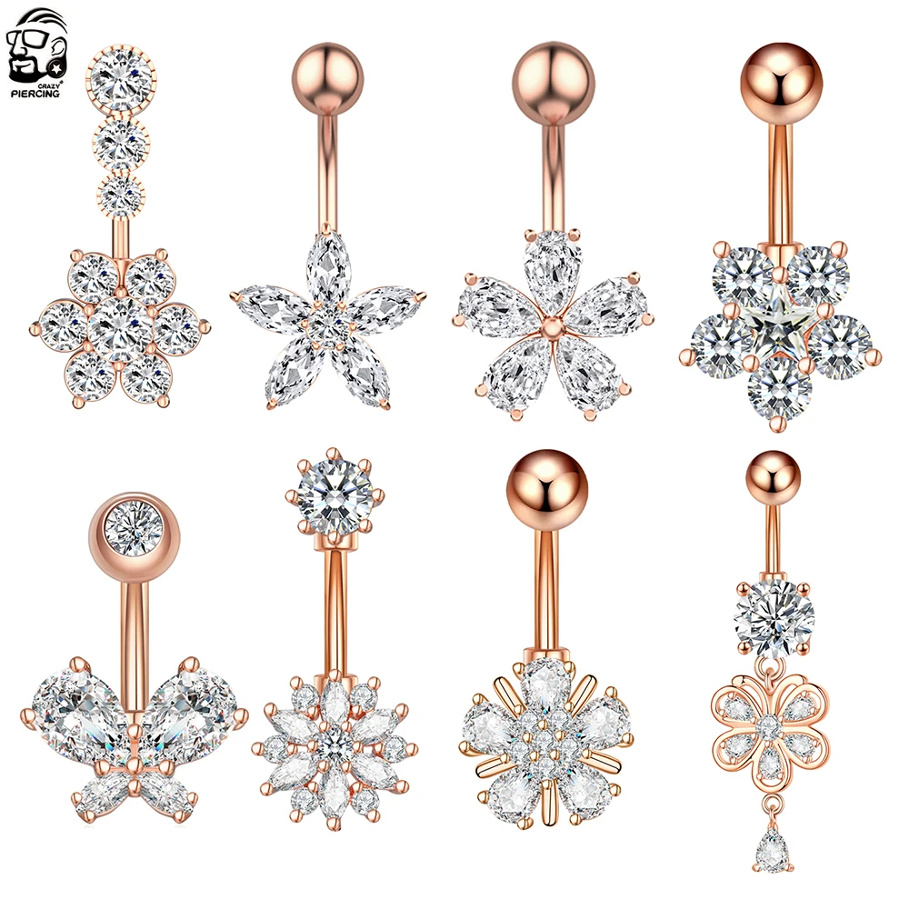 1pcs Rose Gold Color Belly Button Rings 316L Steel Zircon Navel Piercing Surgical Women Girl Body Belly Piercing Jewelry Gift