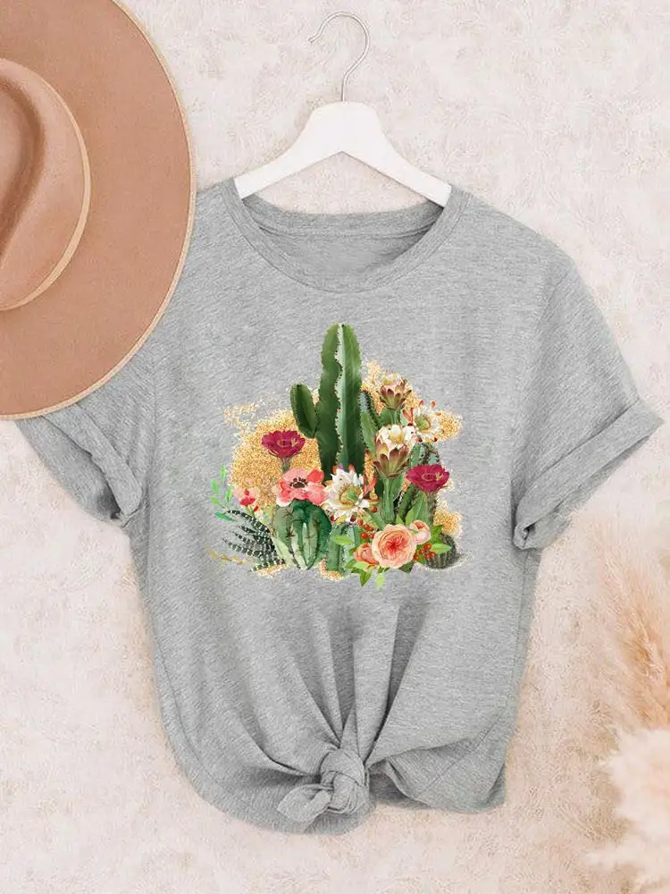 Cactus Plant Lovely Style Cute Women Lady Print T Top Clothing Tee Summer Casual Cartoon Graphic Cartoon Fashion Tshirts T-Shirt