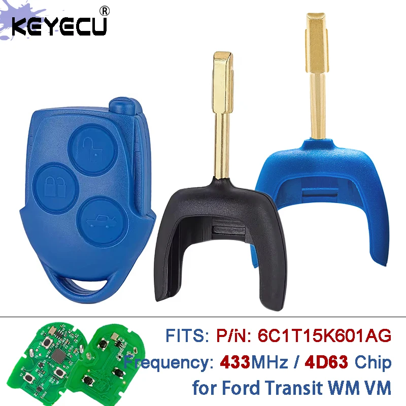 KEYECU 433MHz 4D63 Chip P/N: 6C1T15K601AG 3 Button Remote Key Fob for Ford Transit WM VM 2006-2014 FO12 Blade Blue/Black