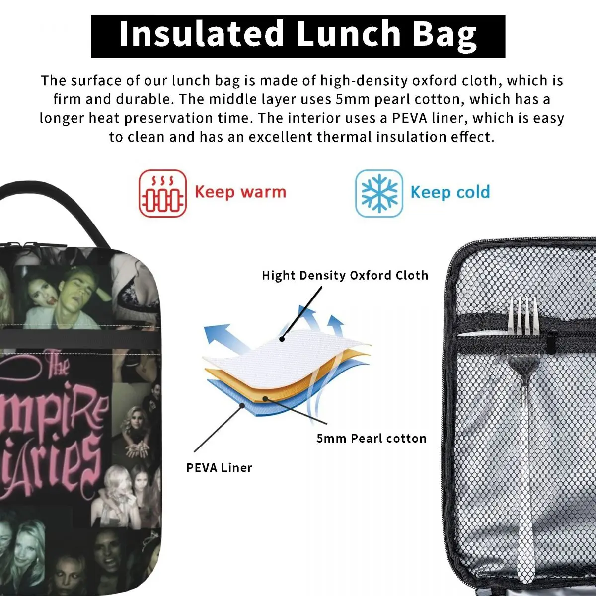 The Vampire Diaries Insulated Lunch Bag Large Damon Salvatore Lunch Container Cooler Bag Tote Lunch Box Work Food Storage Bags