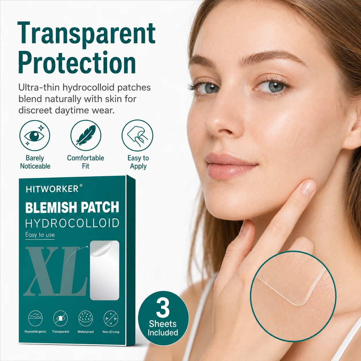 3Pcs Long Strip Hydrocolloid Acne Patches, Extra Large Blemish Spot Stickers for Jawline Forehead Body Breakouts, Oil Absorbing