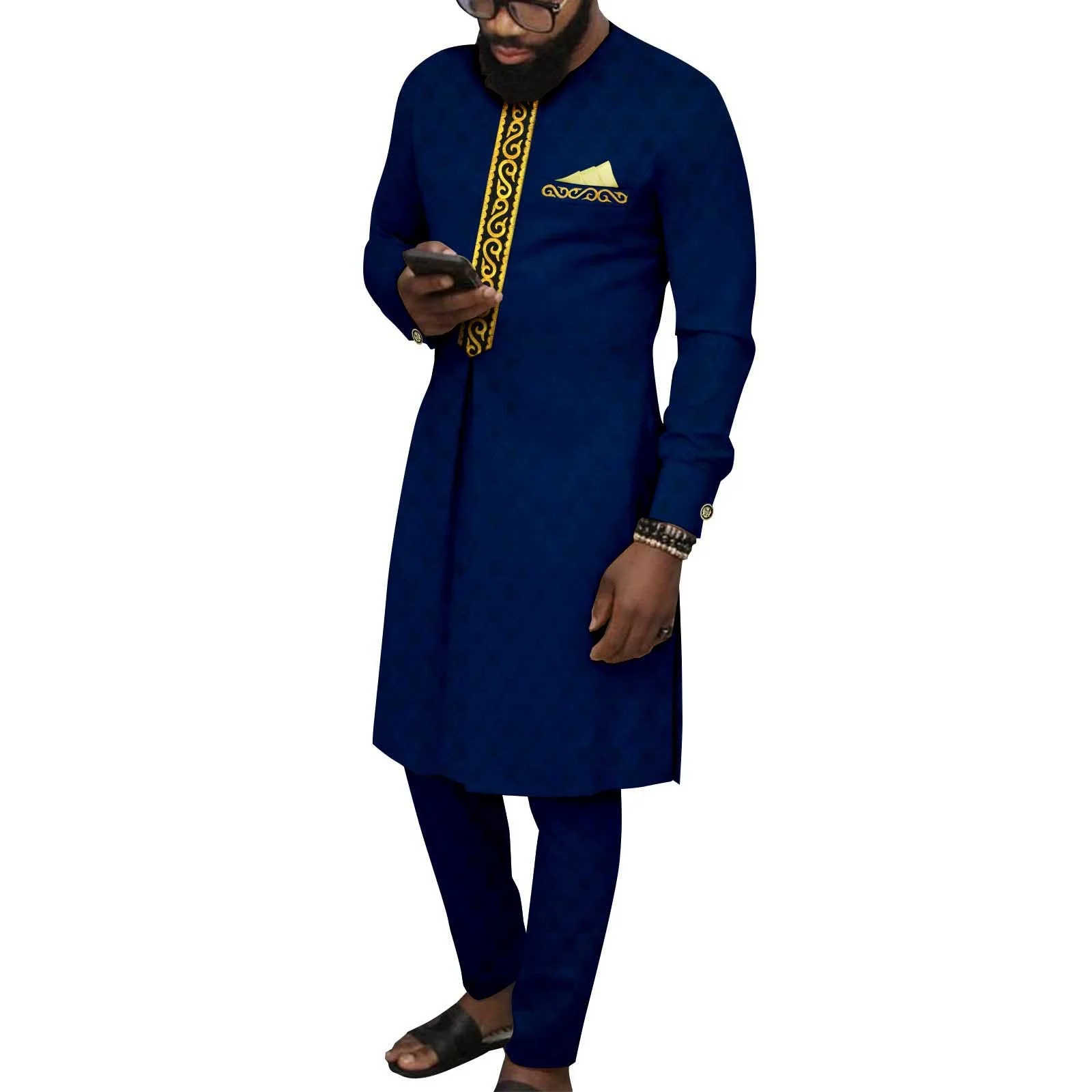 

African Suits for Men 2 Pieces Long Sleeve Jacquard Dashiki and Pants Traditional Attire Set for Parties