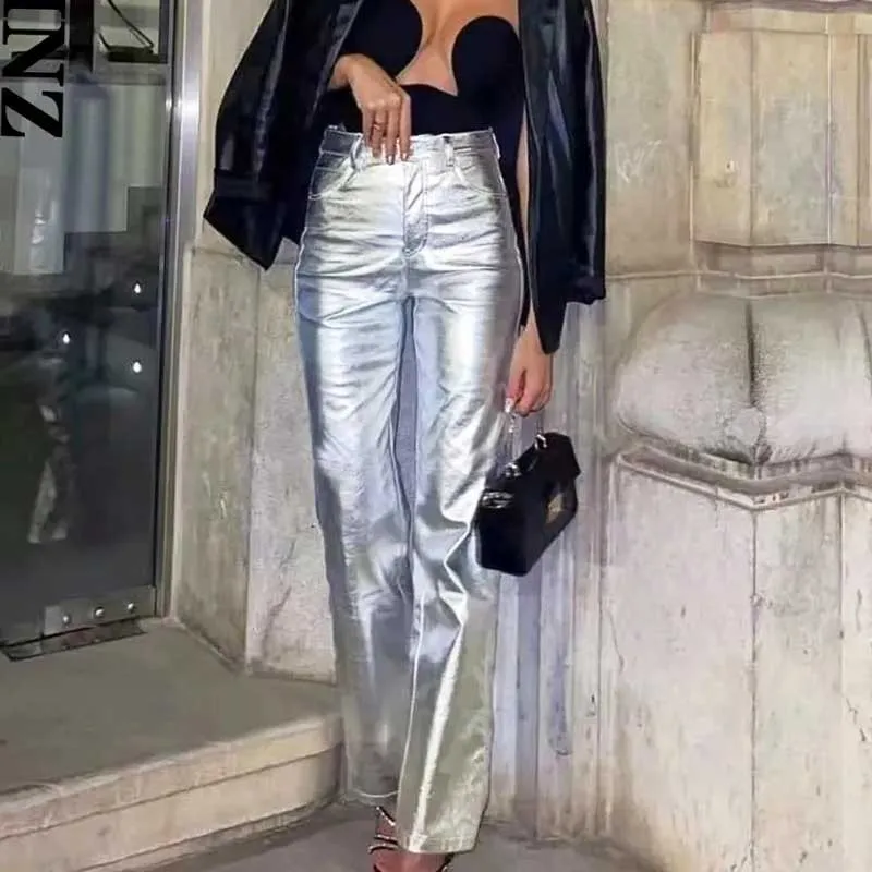 

Women Casual Trousers Hot-stamped Shiny Patent Leather Pants Women's Patent Leather Straight Stretch Trousers Stylish Commuting