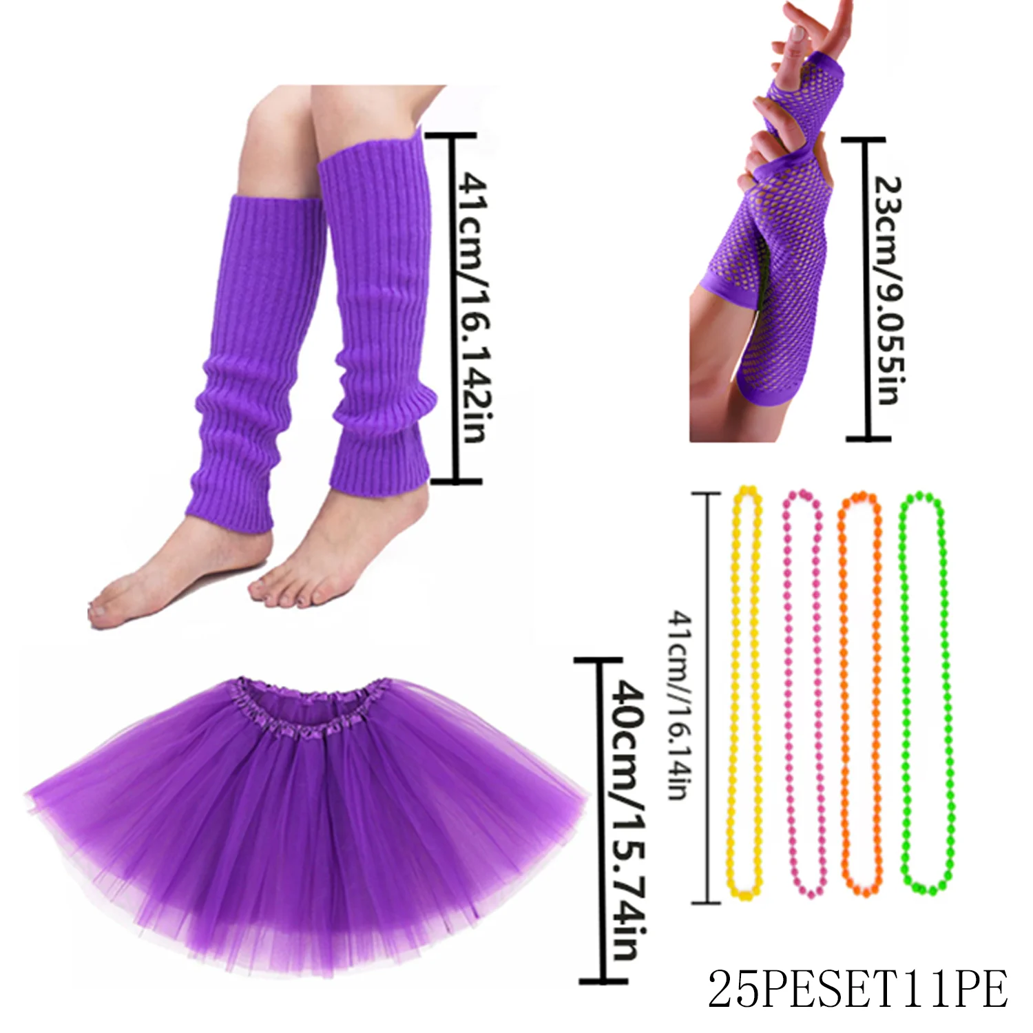 Disfraces de personajes de los años 80, incluidos trajes temáticos de la era púrpura como guantes, rodilleras y faldas cortas, accesorios de anime.