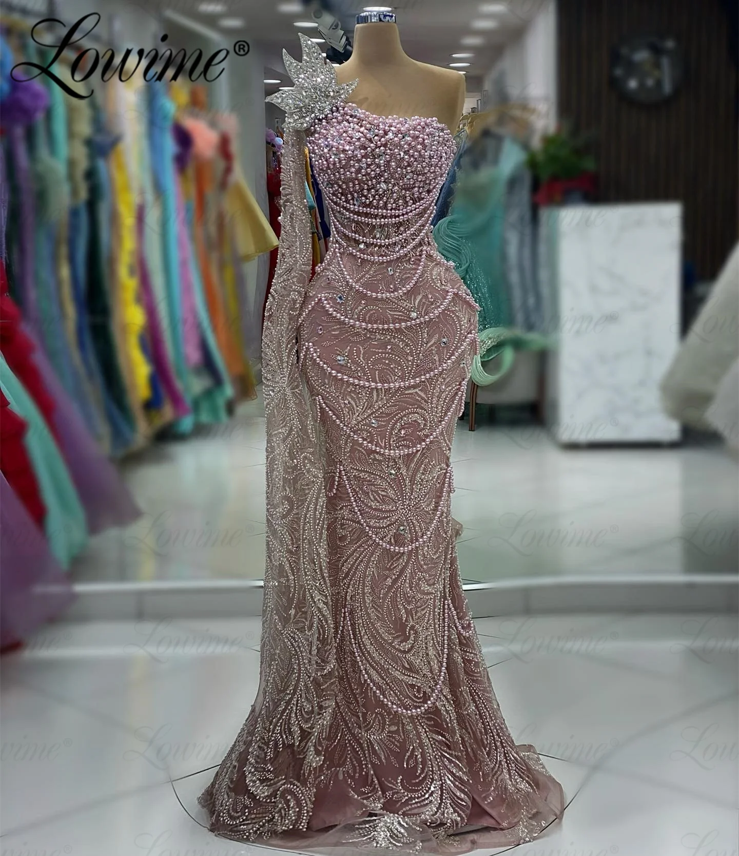 Pink Long Cape Sleeve Full Beading Prom Dress Arabic Shiny Sequined Engagement Wedding Party Dresses Crystal Evening Gowns Robes